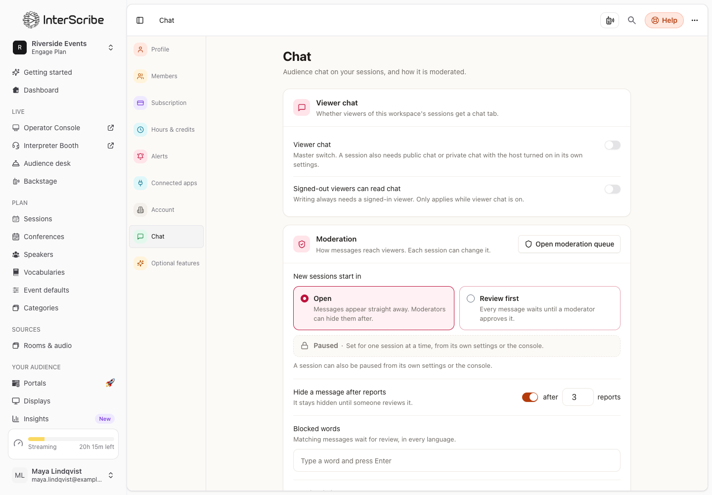 Settings › Chat: Viewer chat and Signed-out viewers can read chat, then Moderation with Open and Review first, Hide a message after reports and Blocked words
