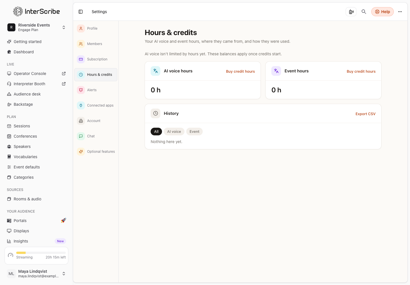 Hours & credits: the AI voice hours and Event hours balances with Buy credit hours, and the History with its filters and Export CSV