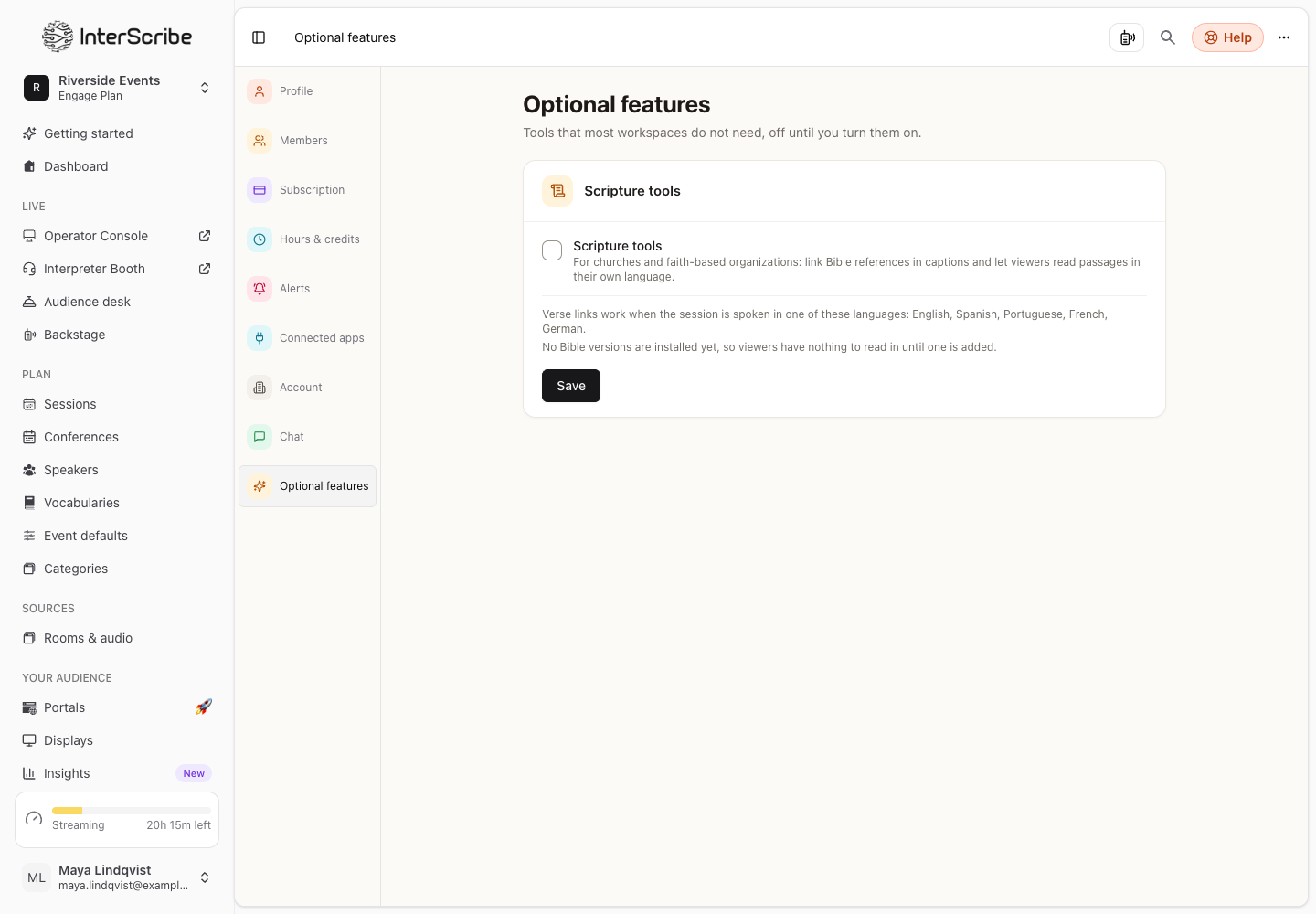 Settings › Optional features: the Scripture tools switch and the languages verse links work in
