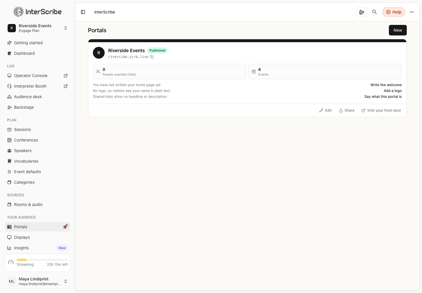 The Portals page: a published portal with its address, its events and its Share button