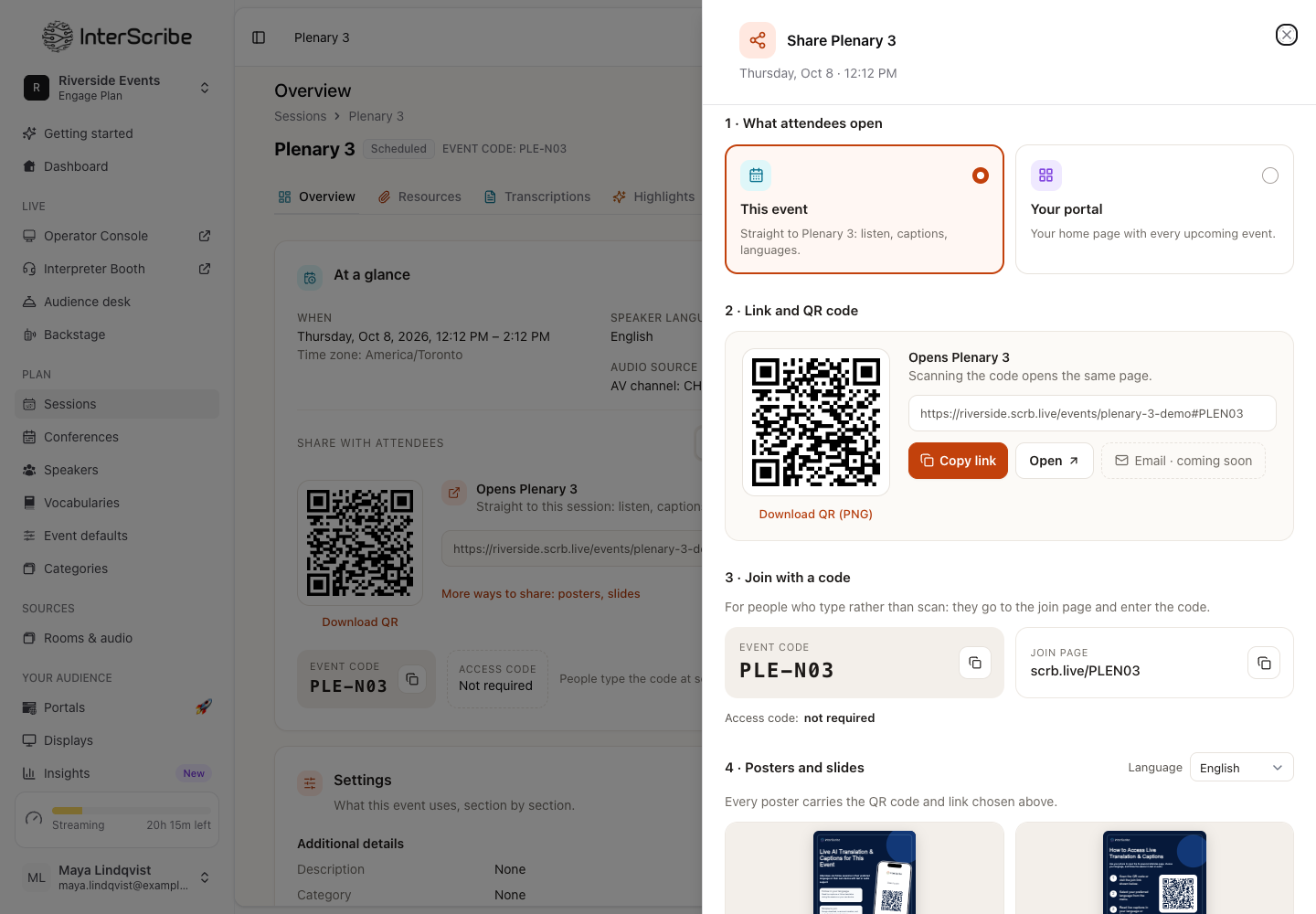 The Share panel: 1 · What attendees open, 2 · Link and QR code, 3 · Join with a code and 4 · Posters and slides
