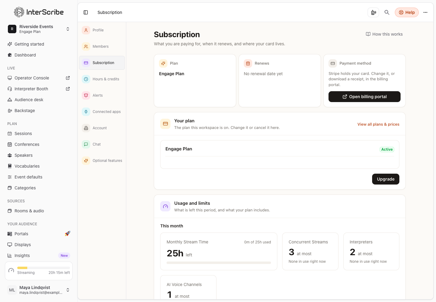 Subscription: Plan, Renews and Payment method at the top, Your plan, and Usage and limits for this month