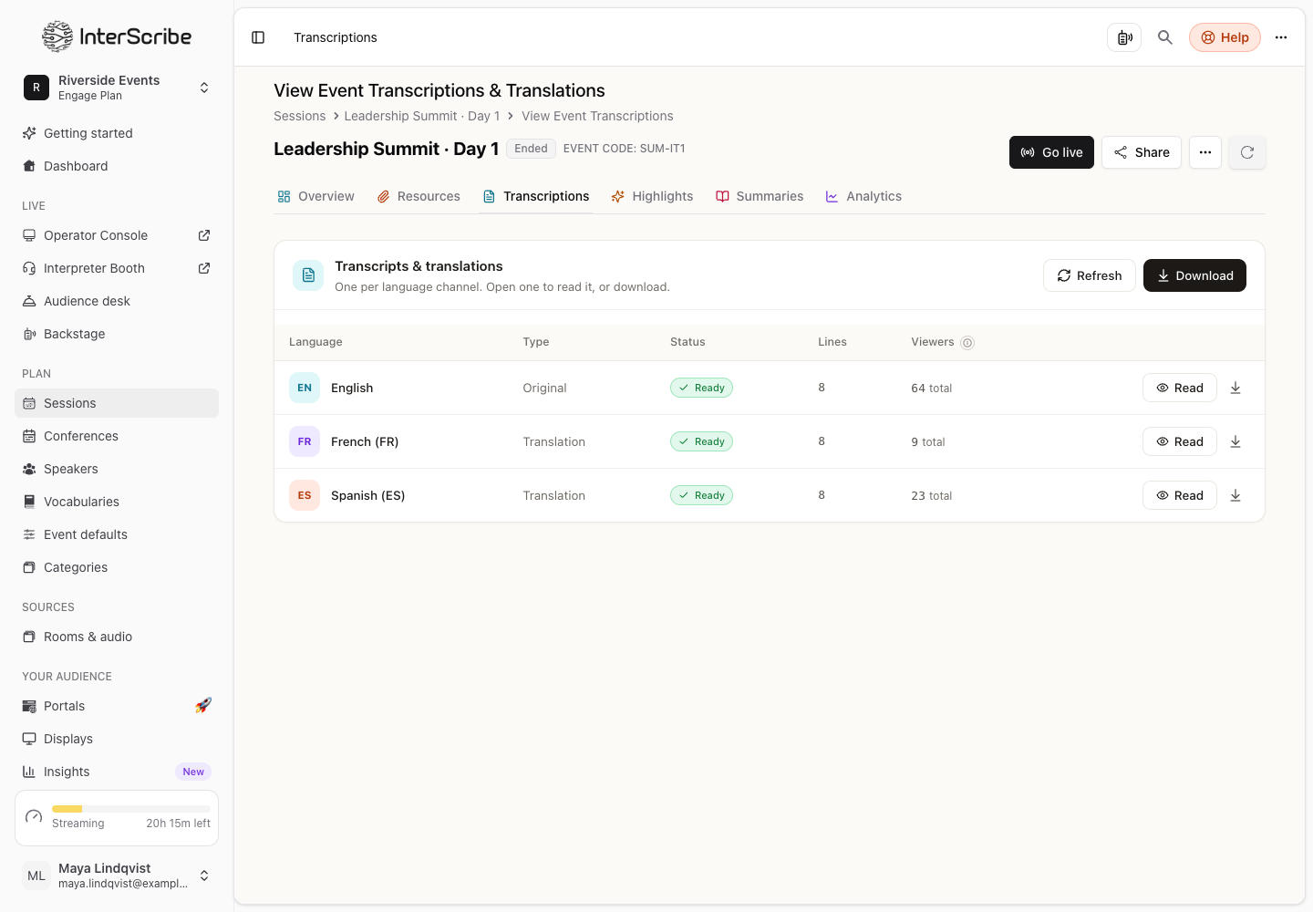 InterScribe Transcriptions tab: one transcript per language, each ready to read or download